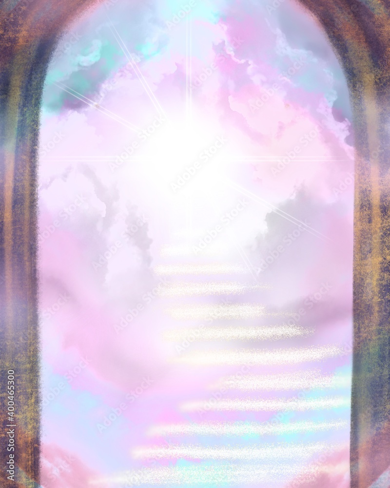 Obraz premium The shining heaven and background of beautiful pastel pink color’s sky and stairs behind stairs