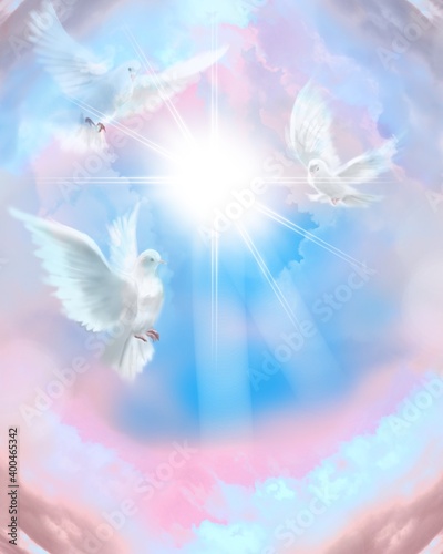 The flying three white doves around clouds leading to shining heaven and the background of beautiful pastel color’s sky and fluffy feathers 