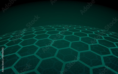 Multilayer sphere of honeycombs, green on a dark background, social network, computer network, technology, global network. 3D illustration
