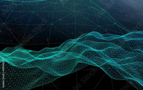 Abstract landscape on a dark background. Cyberspace grid. hi tech network. Outer space. Starry outer space texture. 3D illustration