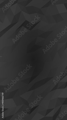 Black abstract background. Lowpoly backdrop. Gloomy crumpled paper. Vertical orientation. 3D illustration