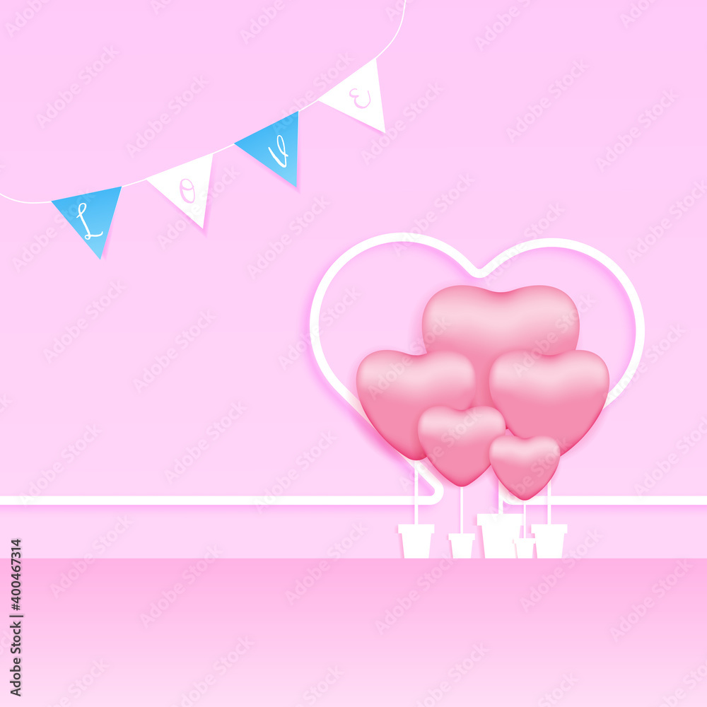 love background pink heart shape flower and flag with love letters