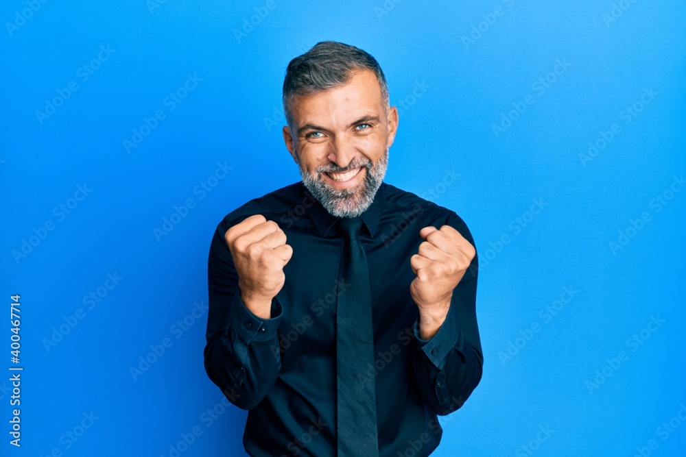 Middle age handsome man wearing business shirt and tie very happy and excited doing winner gesture with arms raised, smiling and screaming for success. celebration concept. Middle age handsome man wearing business shirt and tie very happy and excited doing winner gesture with arms raised, smiling and screaming for success. celebration concept.