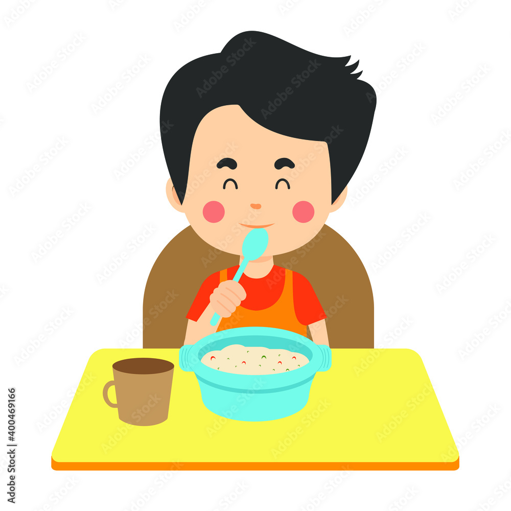 Stock Vector Kids Eating Bowl Porridge Stock Vector | Adobe Stock