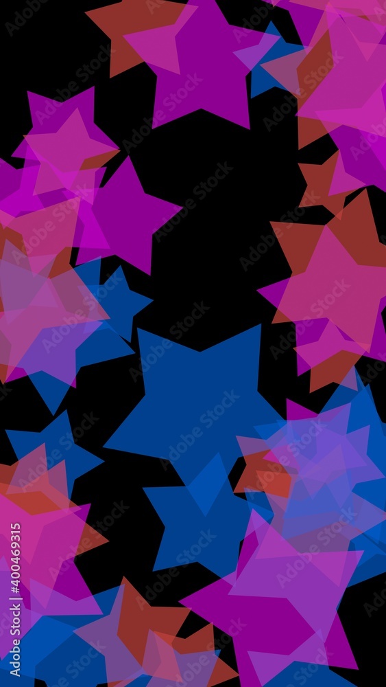 Multicolored translucent stars on a dark background. Vertical image orientation. 3D illustration Multicolored translucent stars on a dark background. Vertical image orientation. 3D illustration