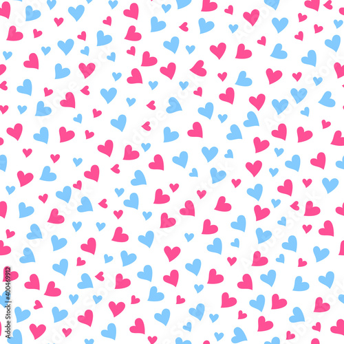 Cute seamless pattern of simple heart icons of pink and blue pastel colors various size on white background. Love  wedding  romance  Valentine   s day symbol. Baby shower design. Vector illustration