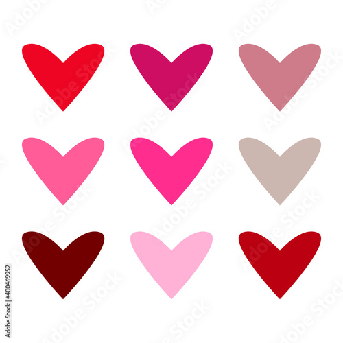 Set of simple heart icons of various pink red colors. Love and marriage symbol. Elements for wedding and valentine’s day design. Isolated on white background. Vector illustration