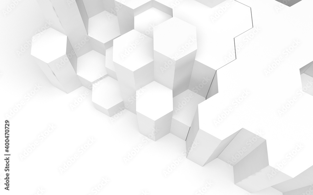 White abstract background with honeycomb. Hexagon bars isolated on white backdrop. 3D illustration