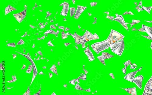 Flying dollars banknotes isolated on chromakey. Money is flying in the air. 100 US banknotes new sample. 3D illustration
