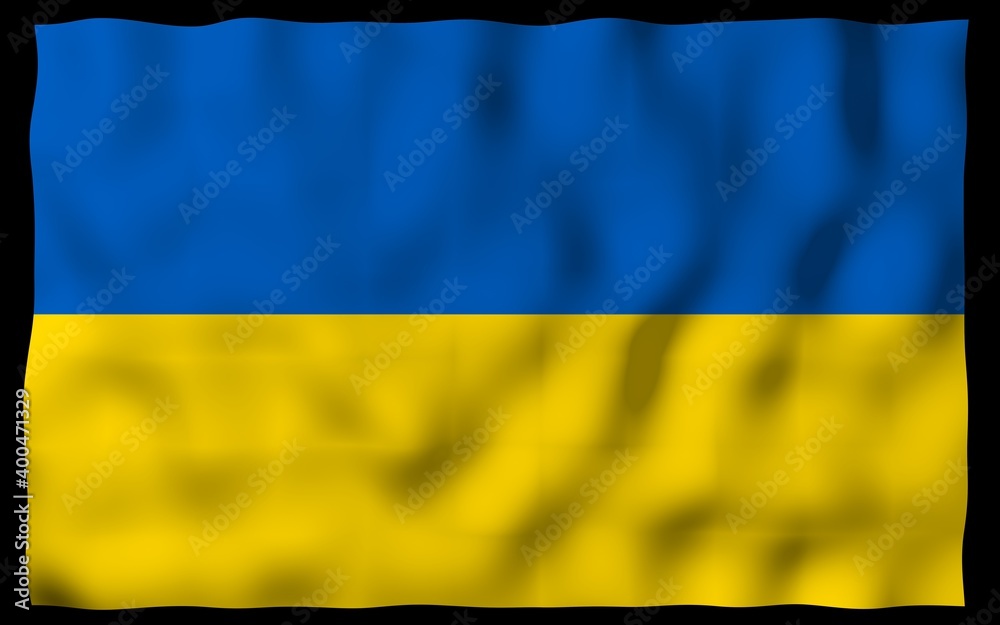 The flag of Ukraine on a dark background. National flag and state ensign. Blue and yellow bicolour. 3D illustration waving flag