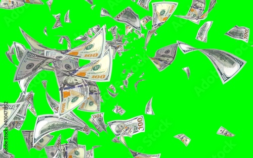 Flying dollars banknotes isolated on chromakey. Money is flying in the air. 100 US banknotes new sample. 3D illustration