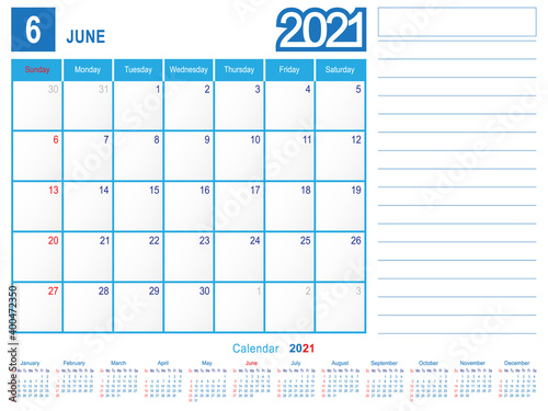 June 2021 Calendar Monthly Planner Design