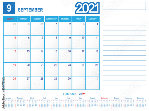 September 2021 Calendar Monthly Planner Design
