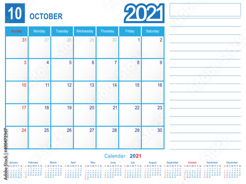 October 2021 Calendar Monthly Planner Design
