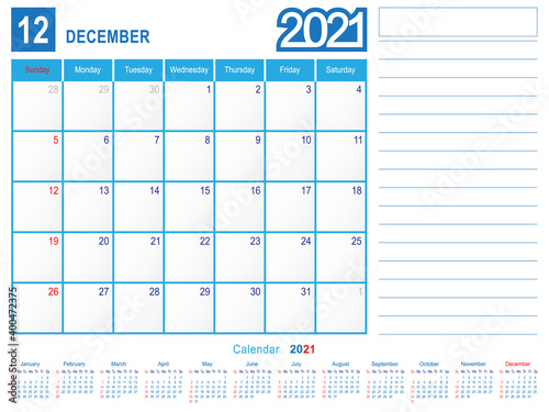 December 2021 Calendar Monthly Planner Design