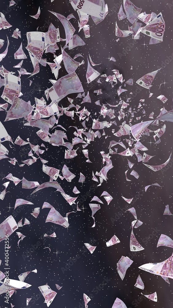 Flying euro banknotes on a outer space starry background. Money flying in the outer space. 500 EURO in color. Vertical orientation. 3D illustration Flying euro banknotes on a outer space starry background. Money flying in the outer space. 500 EURO in color. Vertical orientation. 3D illustration