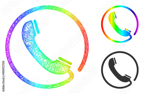 Rainbow colorful network phone, and solid rainbow gradient phone icon. Wire carcass 2D network geometric image based on phone icon, generated with crossing lines.