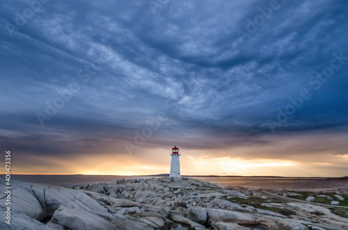 Peggy's Cove lighthouse with threatening storm clouds