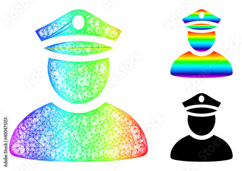 Spectrum vibrant net police man, and solid spectrum gradient police man icon. Wire frame flat net geometric symbol based on police man icon, made with crossing lines.