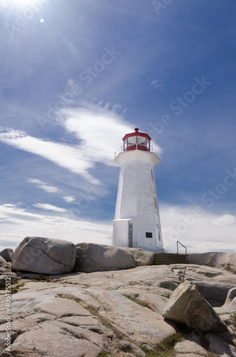 Peggy's Cove lighthouse with blue sky and clouds