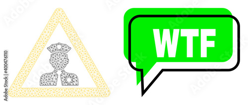 Misplaced WTF green message cloud and policeman warning mesh structure. Vector flat policeman warning, created from flat mesh. Green conversation has WTF caption inside black frame, and color balloon.