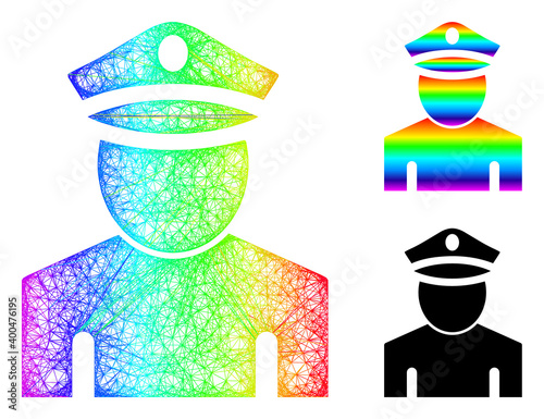 Rainbow colorful wire frame policeman, and solid rainbow gradient policeman icon. Crossed frame flat network geometric symbol based on policeman icon, is created from crossing lines.