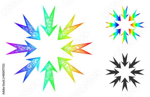 Rainbow vibrant net mesh pressure arrows, and solid rainbow gradient pressure arrows icon. Linear carcass 2D network abstract symbol based on pressure arrows icon, is generated with crossing lines.