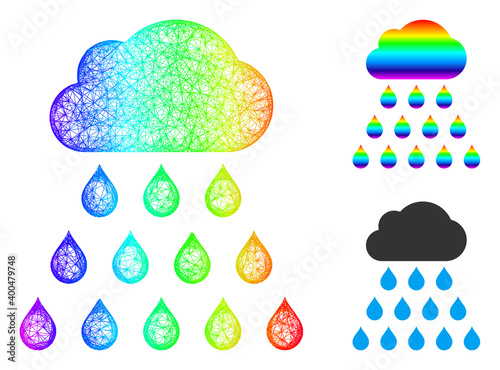 Spectral colored crossing mesh rain cloud, and solid spectral gradient rain cloud icon. Crossed frame flat net geometric symbol based on rain cloud icon, is generated from crossed lines.