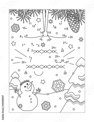 Bell ornament connect the dots puzzle and coloring page, activity sheet for kids. 
