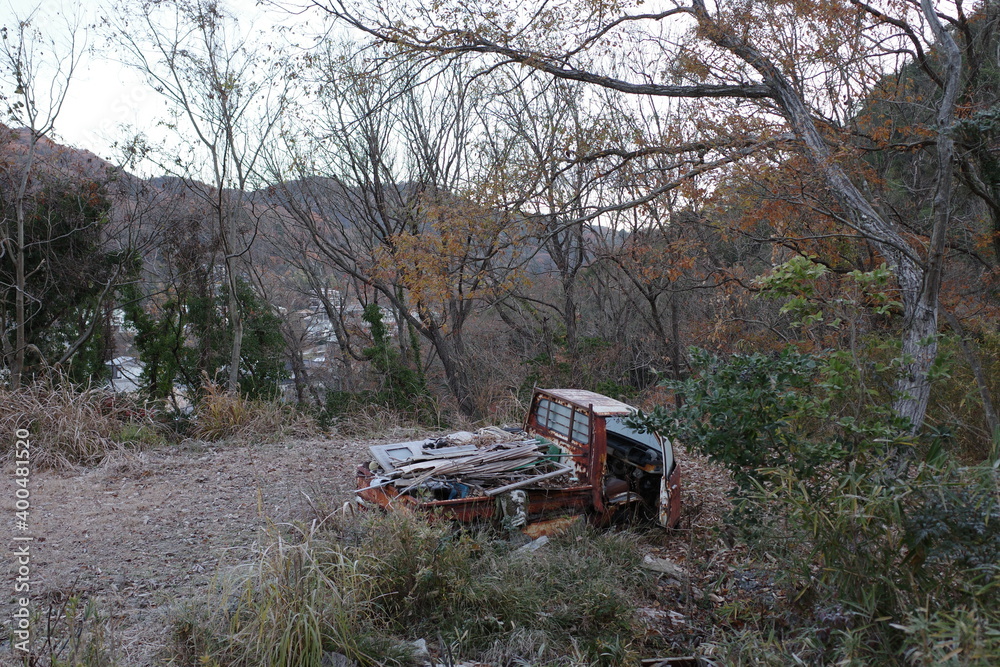日本の美しい山の中の廃車