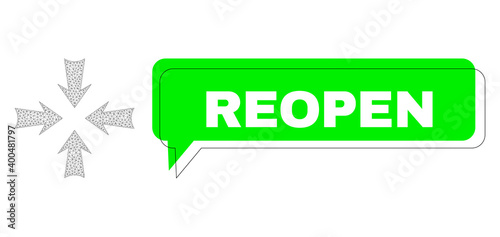 Misplaced Reopen green message speech shape and reduce arrows mesh composition. Vector flat reduce arrows, designed with flat mesh. Green chat has Reopen text inside black contour,