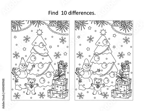 Winter holidays, New Year or Christmas themed find the ten differences picture puzzle and coloring page with christmas tree, teddy bear, snowman, gift boxes