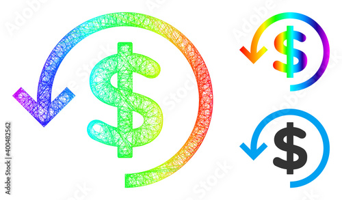 Rainbow colorful crossing mesh refund, and solid rainbow gradient refund icon. Linear carcass flat net abstract symbol based on refund icon, made from crossing lines.