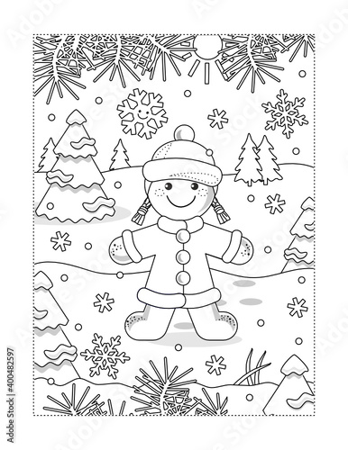 Gingerbread girl in winter scene coloring page, poster, sign or banner black and white activity sheet 
