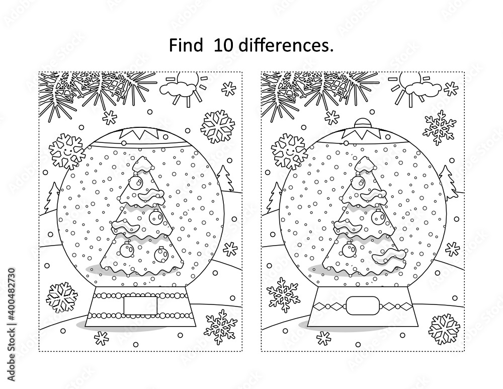 Find 10 differences visual puzzle and coloring page with winter holidays, New Year or Christmas snowglobe with christmas tree 
