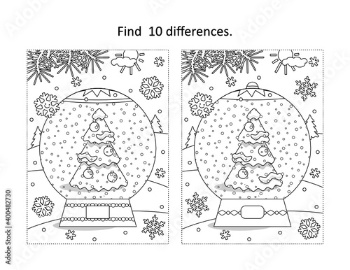 Find 10 differences visual puzzle and coloring page with winter holidays, New Year or Christmas snowglobe with christmas tree 
