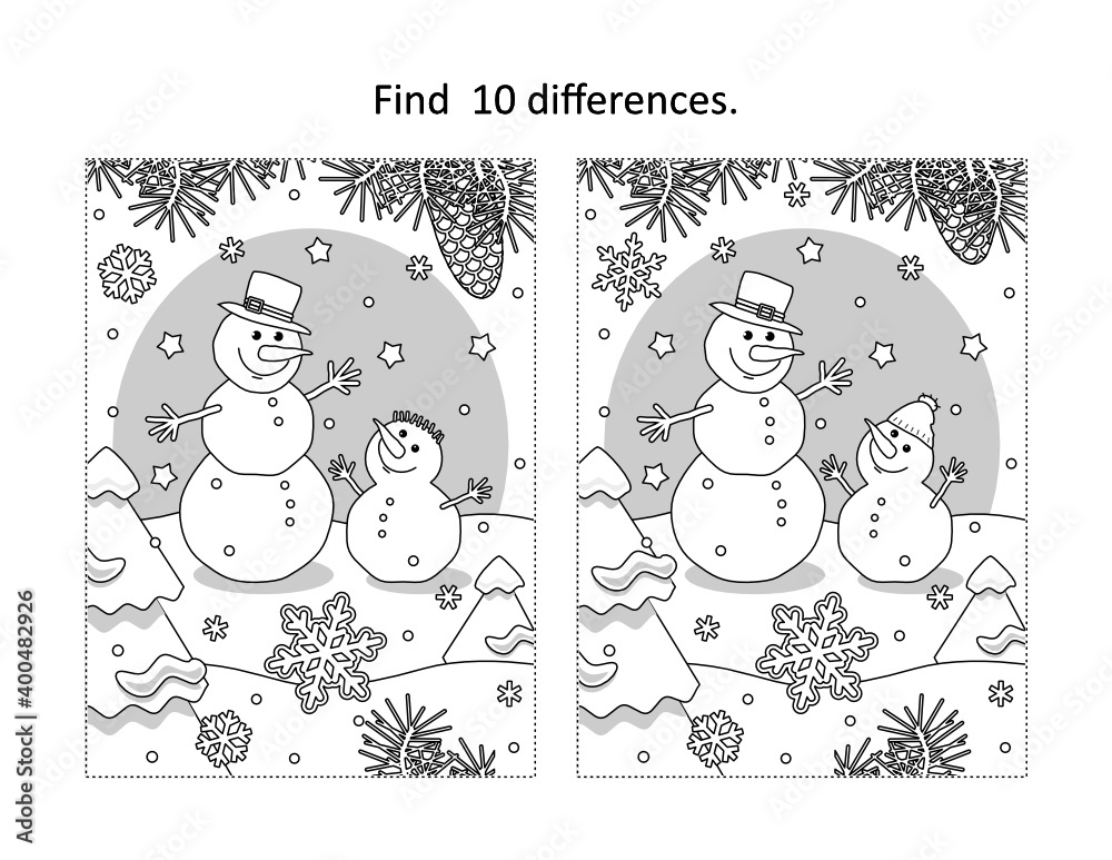 Find 10 differences visual puzzle and coloring page with two snowmen ...