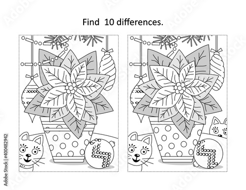 Find 10 differences visual puzzle and coloring page with poinsettia flower in the dotted pot
