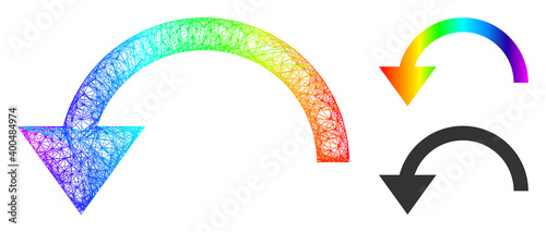 Spectral colored net mesh rotate ccw, and solid spectral gradient rotate ccw icon. Crossed frame 2D network geometric image based on rotate ccw icon, created with crossed lines.