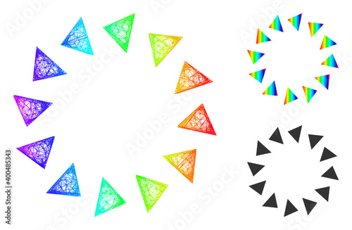 Spectral vibrant net rotate ccw, and solid spectral gradient rotate ccw icon. Linear frame flat net abstract symbol based on rotate ccw icon, is generated from crossed lines.