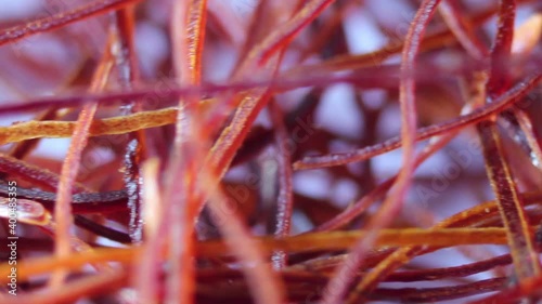 Macro view of dried saffron red stigma threads