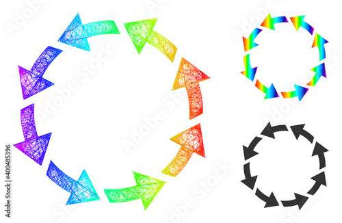 Spectral colorful net mesh rotate ccw, and solid spectral gradient rotate ccw icon. Hatched carcass 2D net abstract symbol based on rotate ccw icon, is generated from intersected lines.