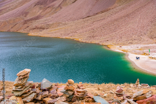 Beautiful landscape at Chandratal or  Lake of the moon is a high altitude lake located at 4300m in Himalayas of Spiti Valley, Himachal Pradesh, India. photo