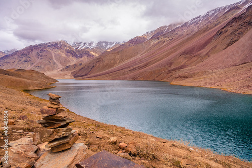 Beautiful landscape at Chandratal or Lake of the moon is a high altitude lake located at 4300m in Himalayas of Spiti Valley, Himachal Pradesh, India.
