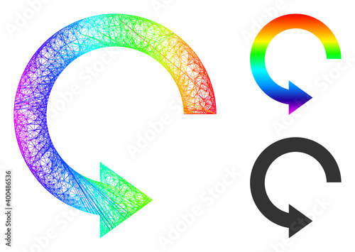 Spectral vibrant net mesh rotate right, and solid spectral gradient rotate right icon. Hatched frame 2D net geometric symbol based on rotate right icon, is made from intersected lines.