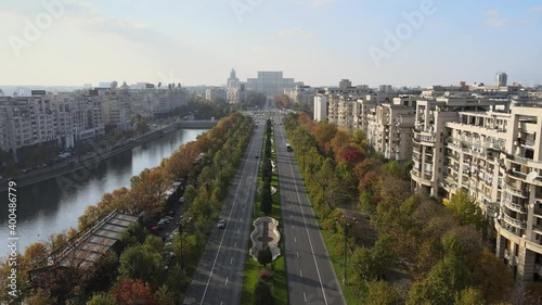 Unirii Square, Dambovita River and Unirii Square, Piata Unirii in Bucharest historical building communist for the Romanian Justice, central administration landmark tourism. Communism history skyline