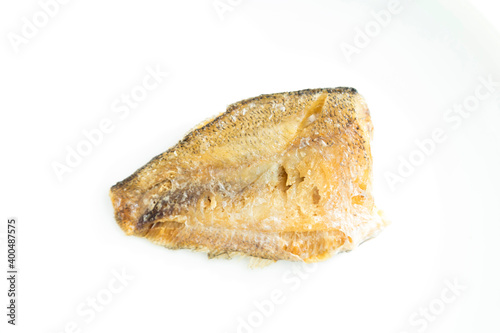 Deep Fried Trichogaster pectoralis fish on white background.