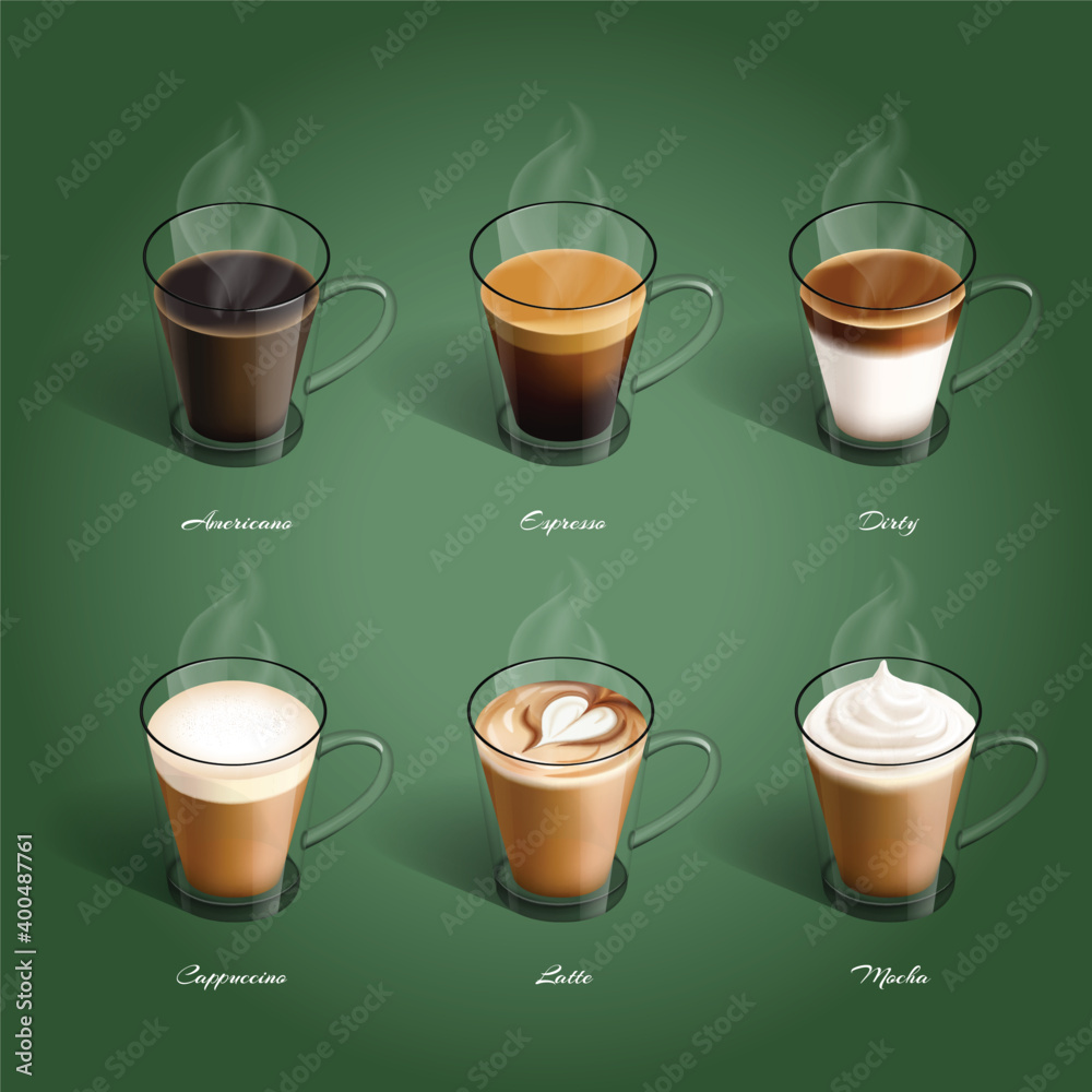 Hot coffee americano, espresso, dirty, cappuccino, latte, mocha, in a cup  Design for the Coffee shop menu. Stock Vector | Adobe Stock