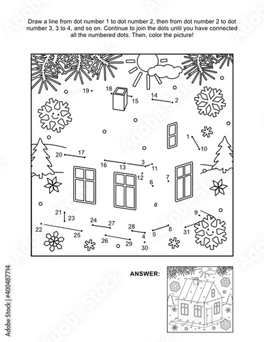 Cabin in winter connect the dots puzzle and coloring page, activity sheet for kids. Answer included.
