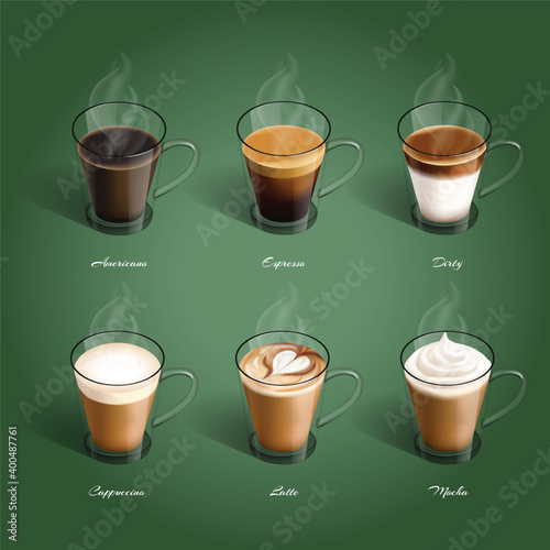 Hot coffee americano, espresso, dirty, cappuccino, latte, mocha, in a cup Design for the Coffee shop menu.
